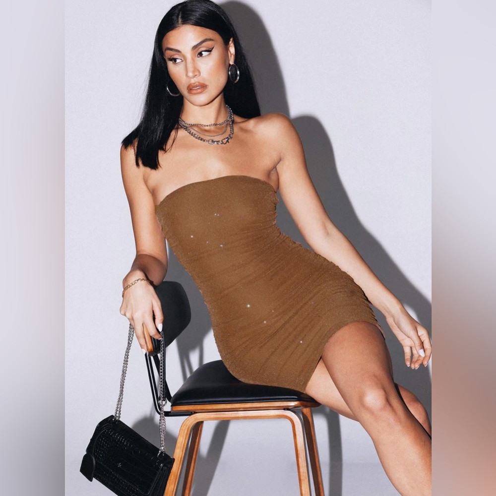 Princess Polly JOSELYN STRAPLESS MINI DRESS BROWN NWT